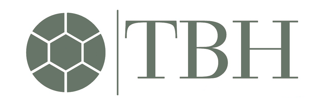 Logo with a soccer ball graphic to the left of the letters TBH in a muted green color.