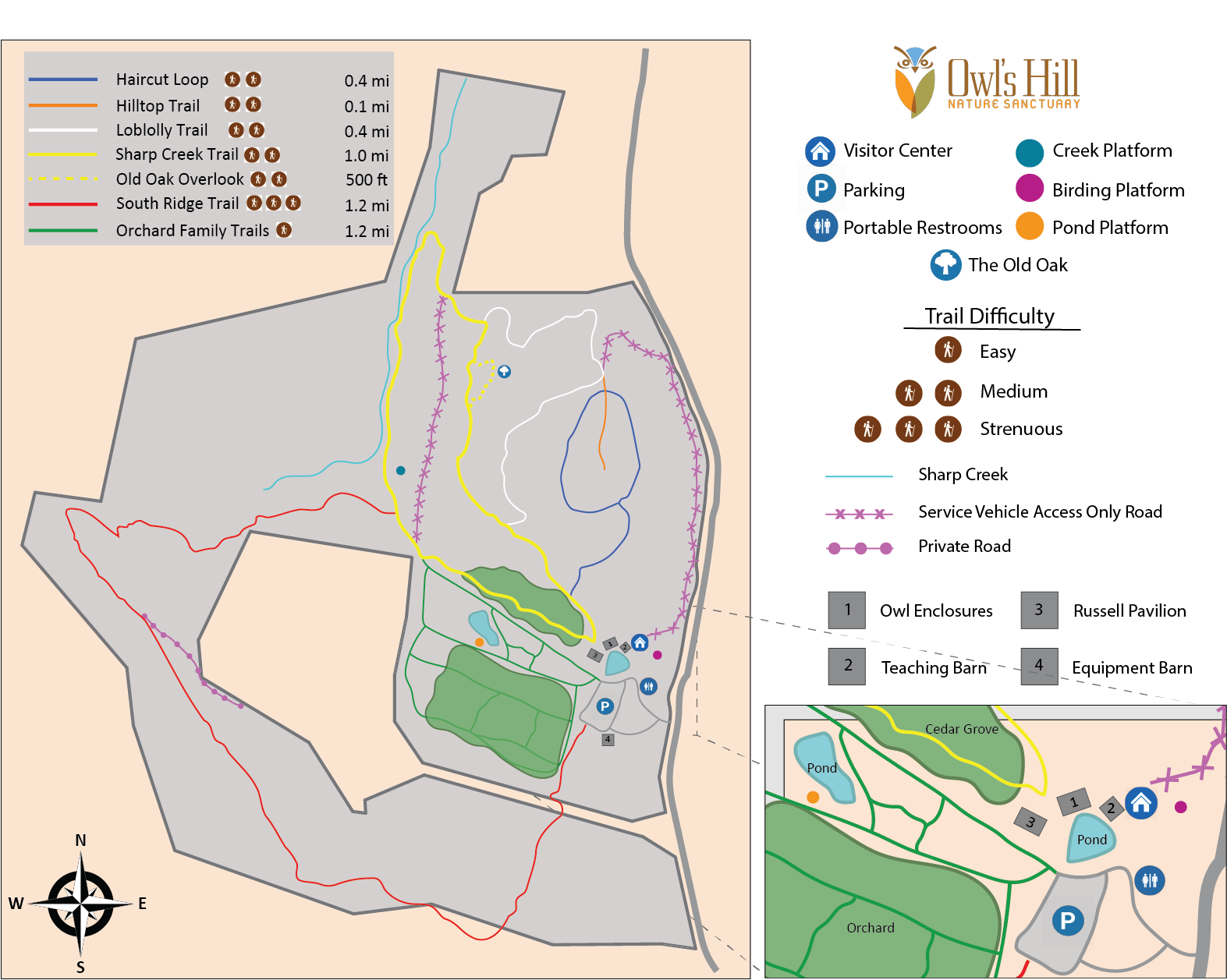 Map of Owls Hill Nature Sanctuary with trails and features.