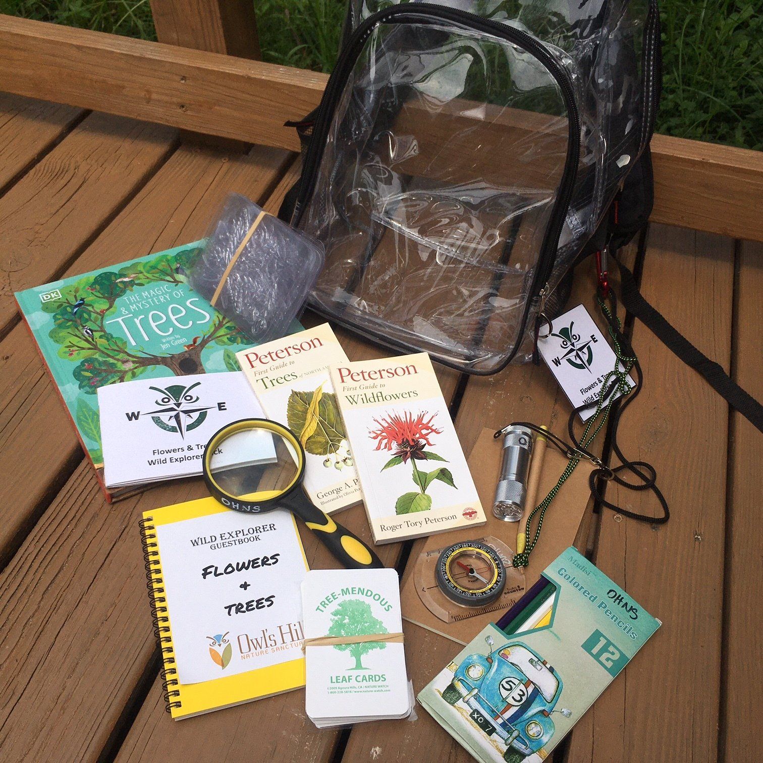 Backpack with nature exploration tools: books, magnifying glass, compass, flashlight, and journal on wooden deck.