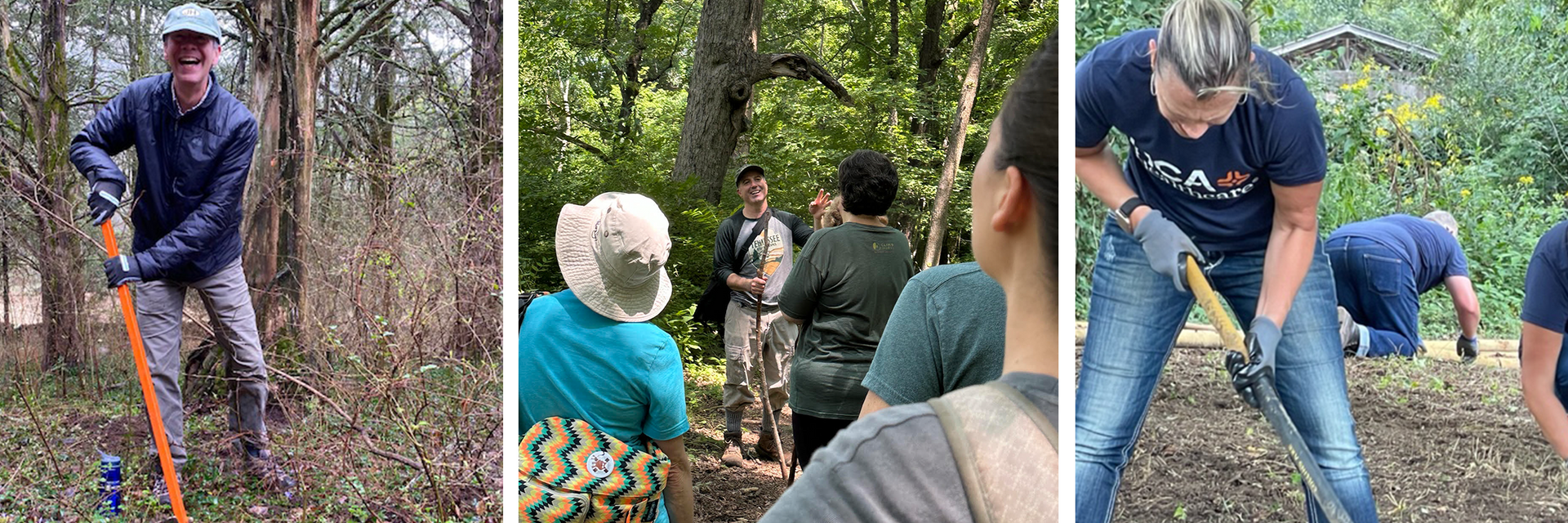 People working outdoors in a wooded area, with tools. One person uses a tool in the forest. Others gather and work in a garden.