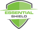 ESSENTIAL SHIELD logo in green and gray on a shield shape