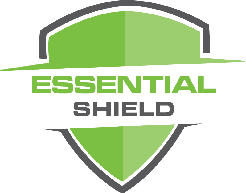 ESSENTIAL SHIELD logo in green and gray on a shield shape