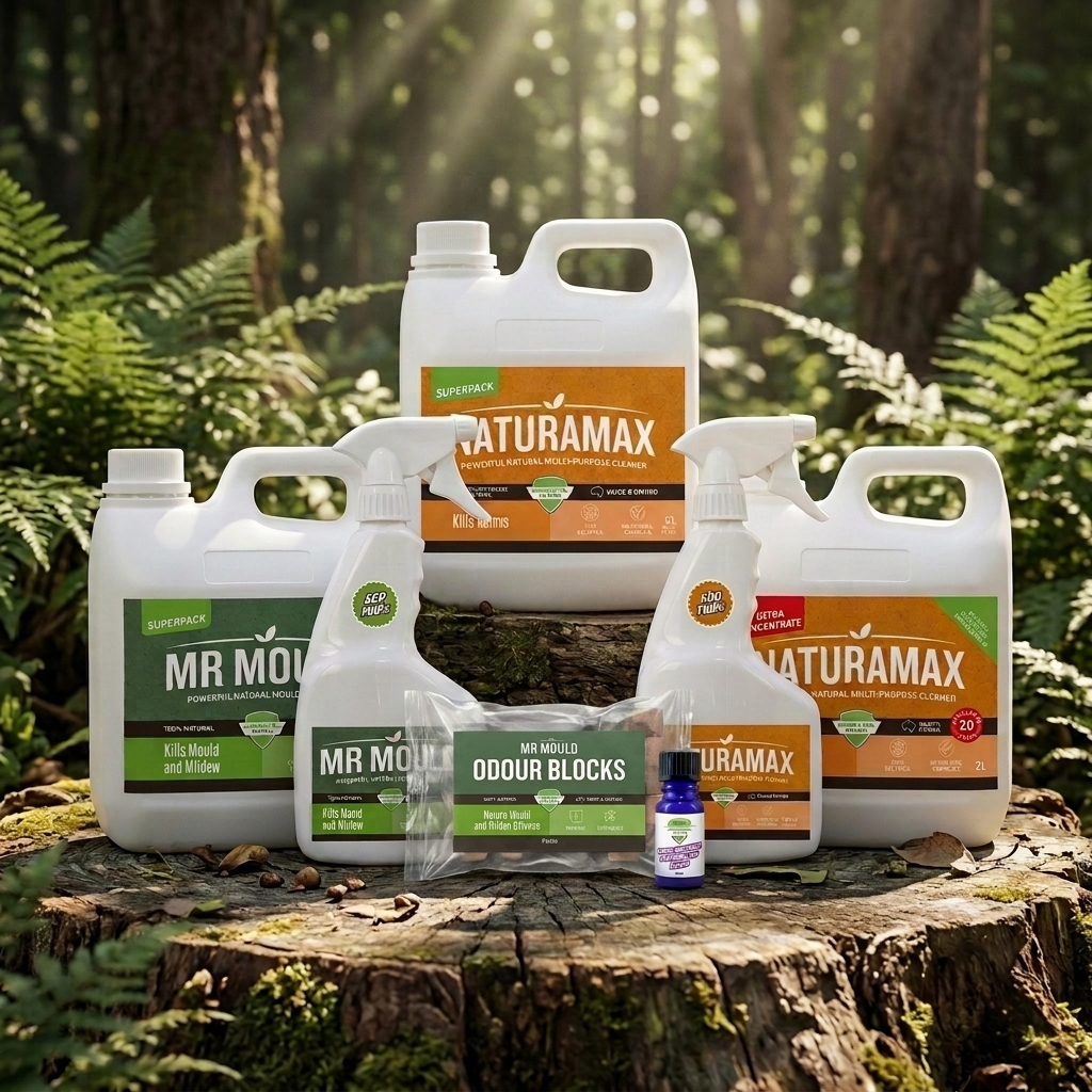 Assorted Naturamax and MR products displayed on a tree stump in a forest setting.