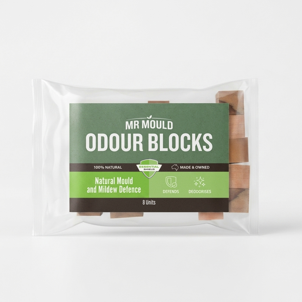 Mr Mould Odour Blocks in green label, sealed in clear plastic on a wooden surface