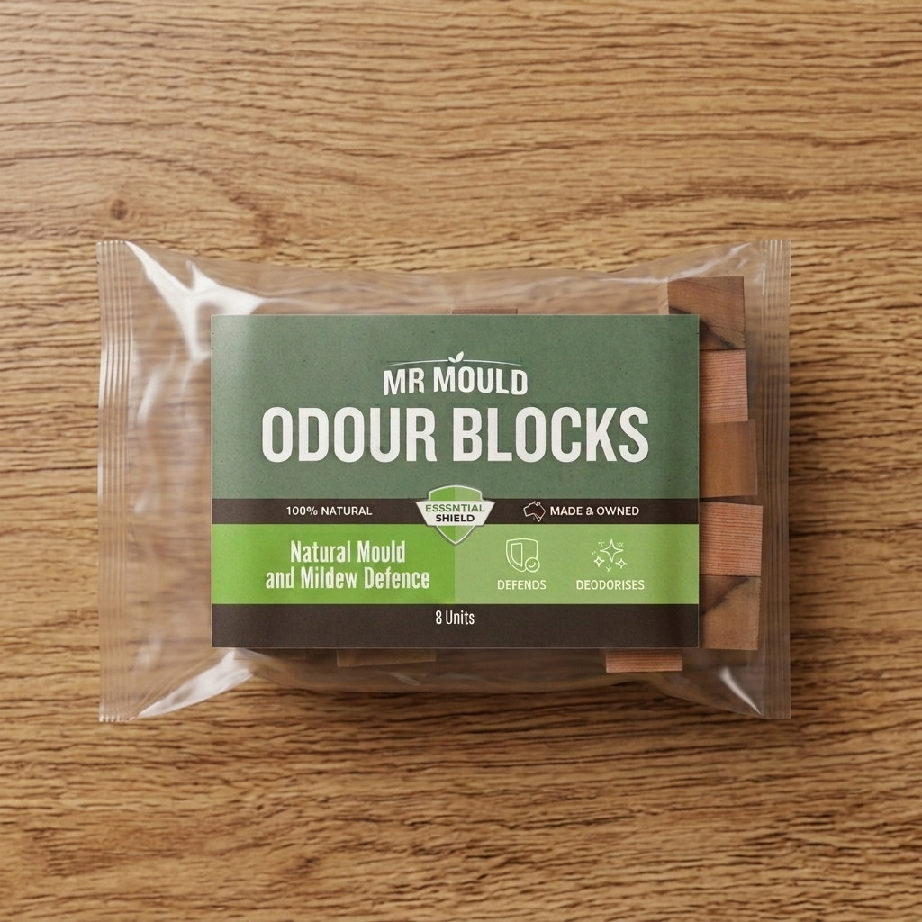 Mr Mould Odour Blocks in green label, sealed in clear plastic on a wooden surface