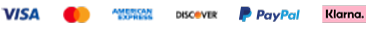 Credit card and payment logos: Visa, Mastercard, American Express, Discover, PayPal, and Klarna.