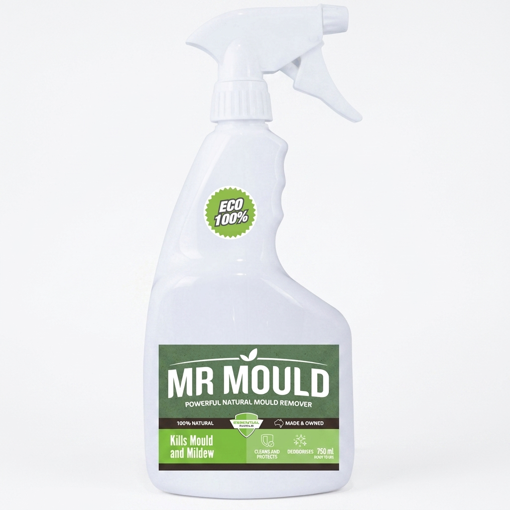 White MR MOULD spray bottle on a light surface with green leaves and folded white cloth nearby