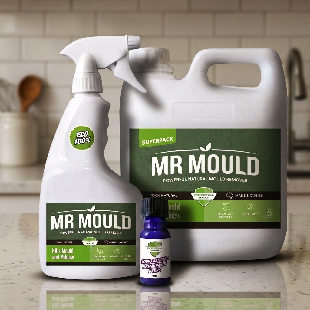 MR MOULD mold remover spray, cleaner jug, and bottle on a kitchen counter