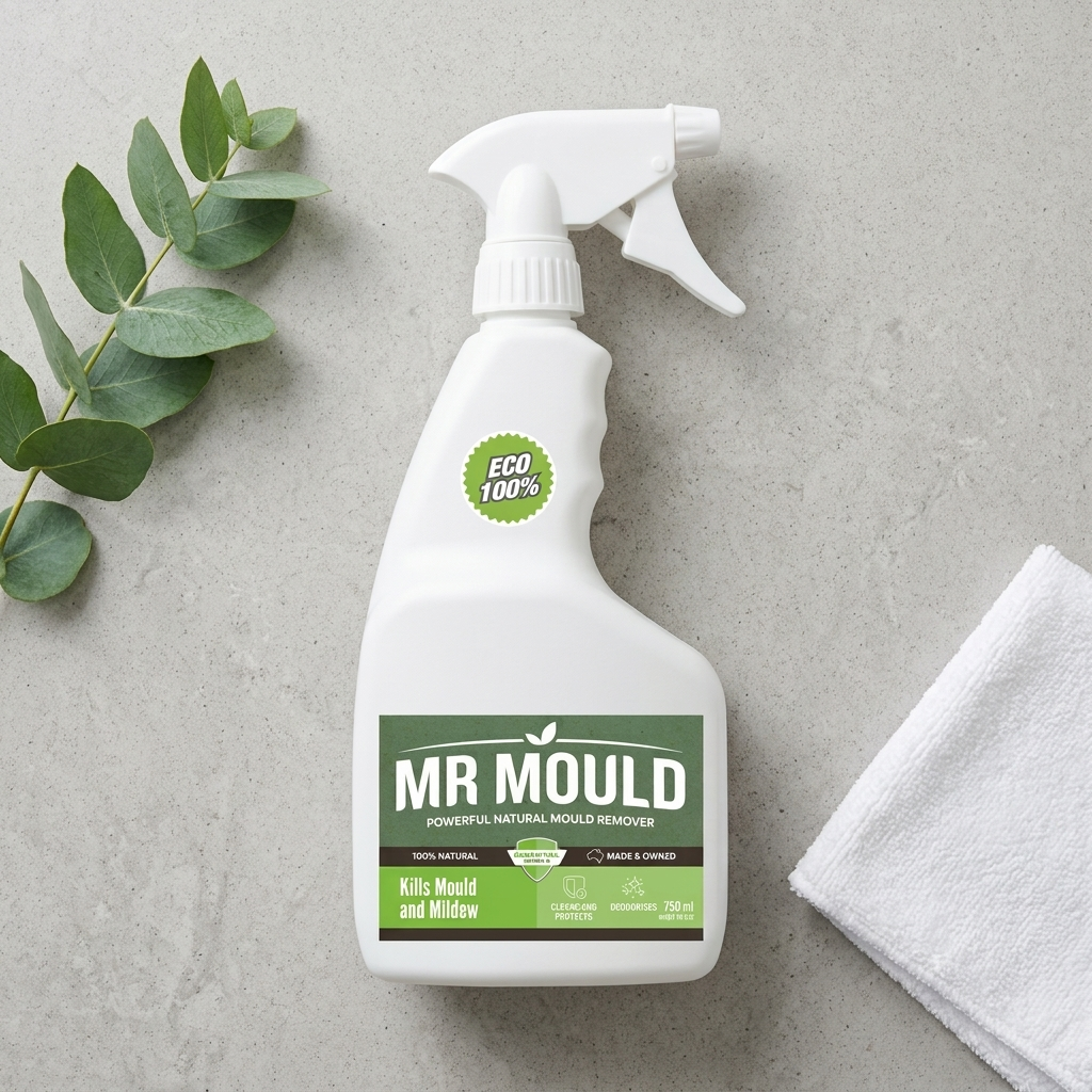 MR MOULD mold remover spray, cleaner jug, and bottle on a kitchen counter