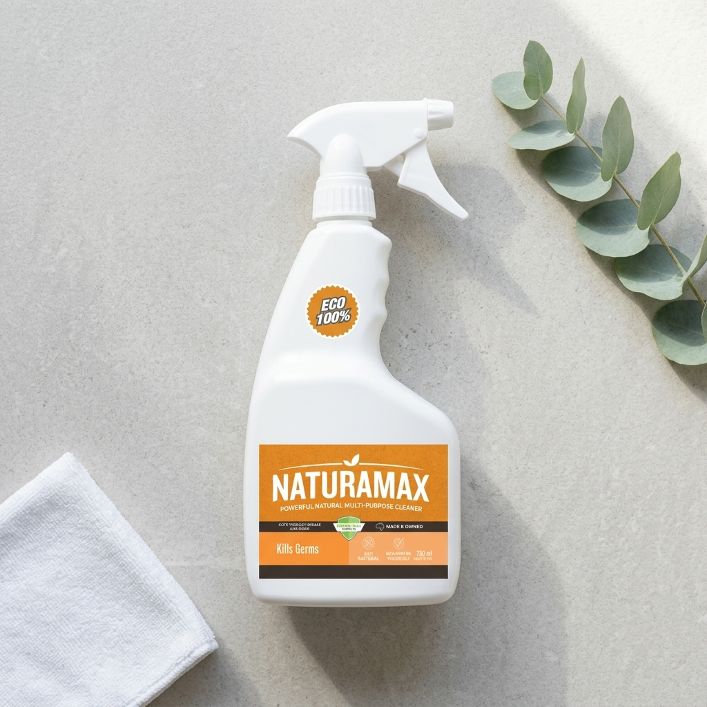 White Naturamax spray bottle on a gray surface with a cloth and green leaves nearby