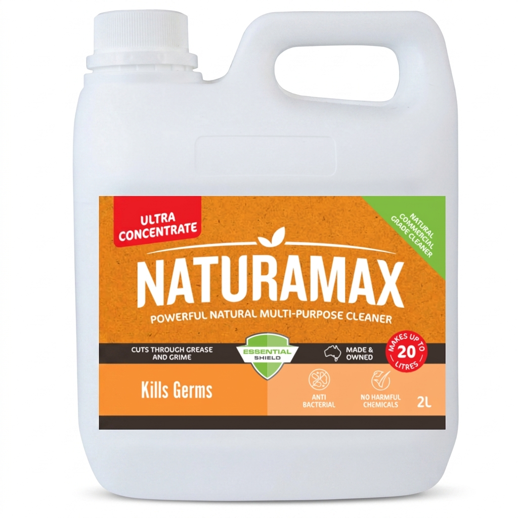 White Naturamax detergent jug with orange label on a table beside green leaves and a folded cloth.