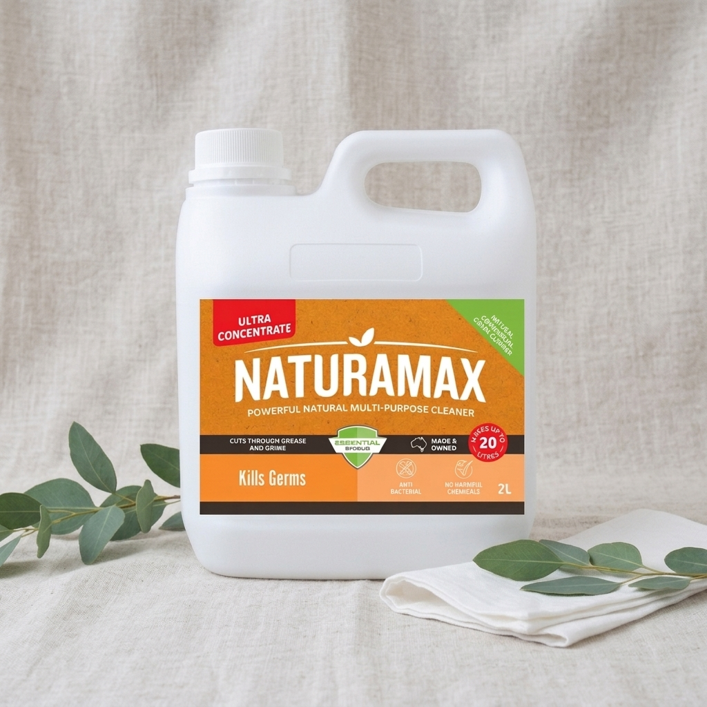 White Naturamax detergent jug with orange label on a table beside green leaves and a folded cloth.