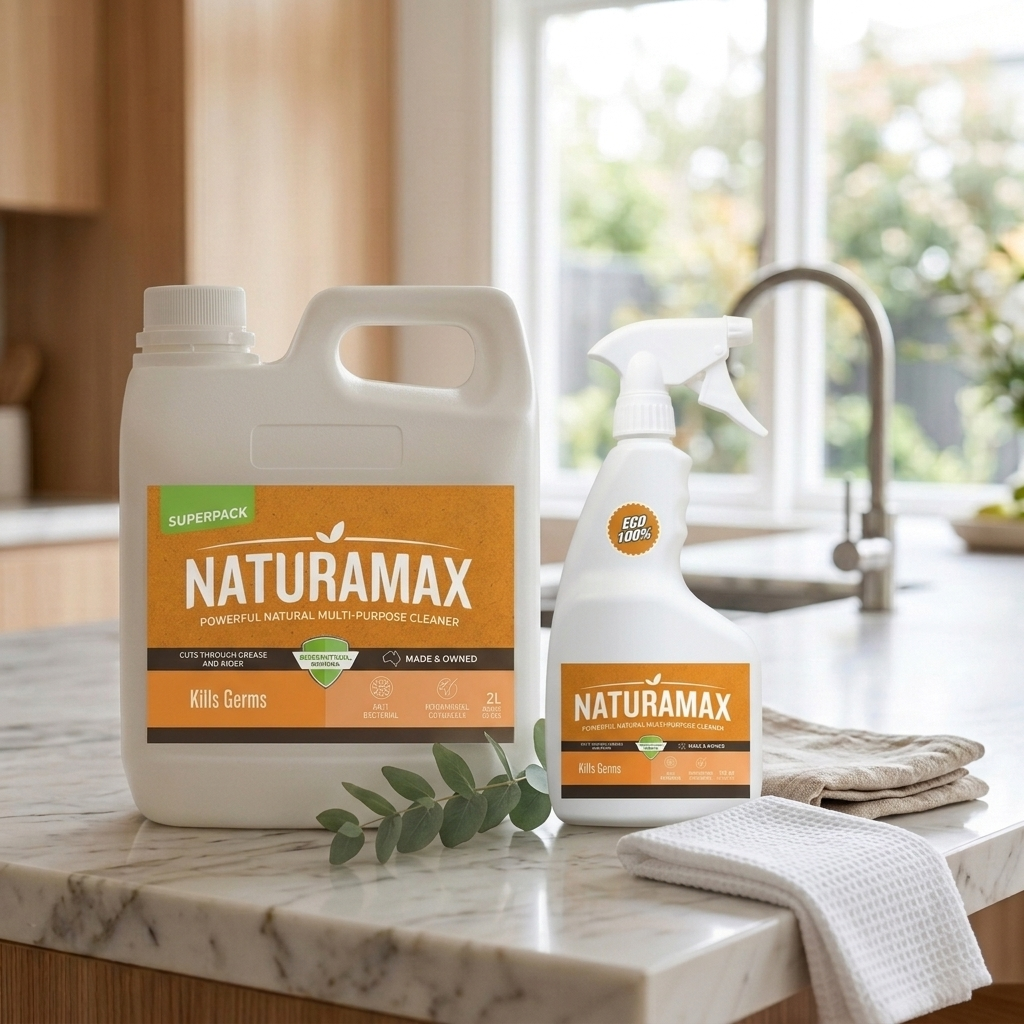 Naturamax cleaning products on a kitchen counter beside a sink and folded cloths