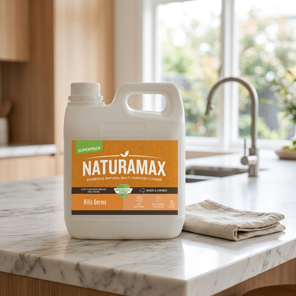 Naturamax cleaning product jug on a kitchen countertop beside a folded cloth