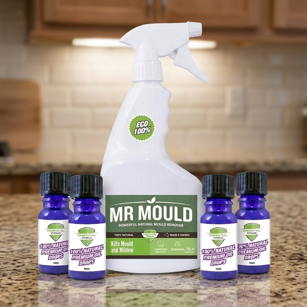 Mr Mould cleaning spray bottle with four purple bottles on a kitchen counter