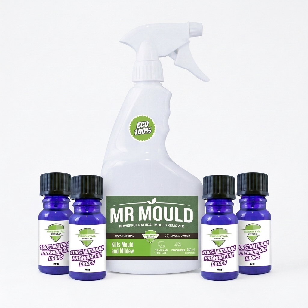 Mr Mould cleaning spray bottle with four purple bottles on a kitchen counter