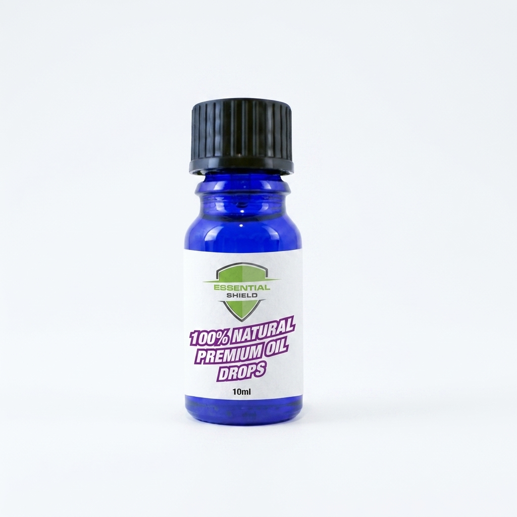 Blue essential oil bottle on sandy ground with small plants and rocks in the background