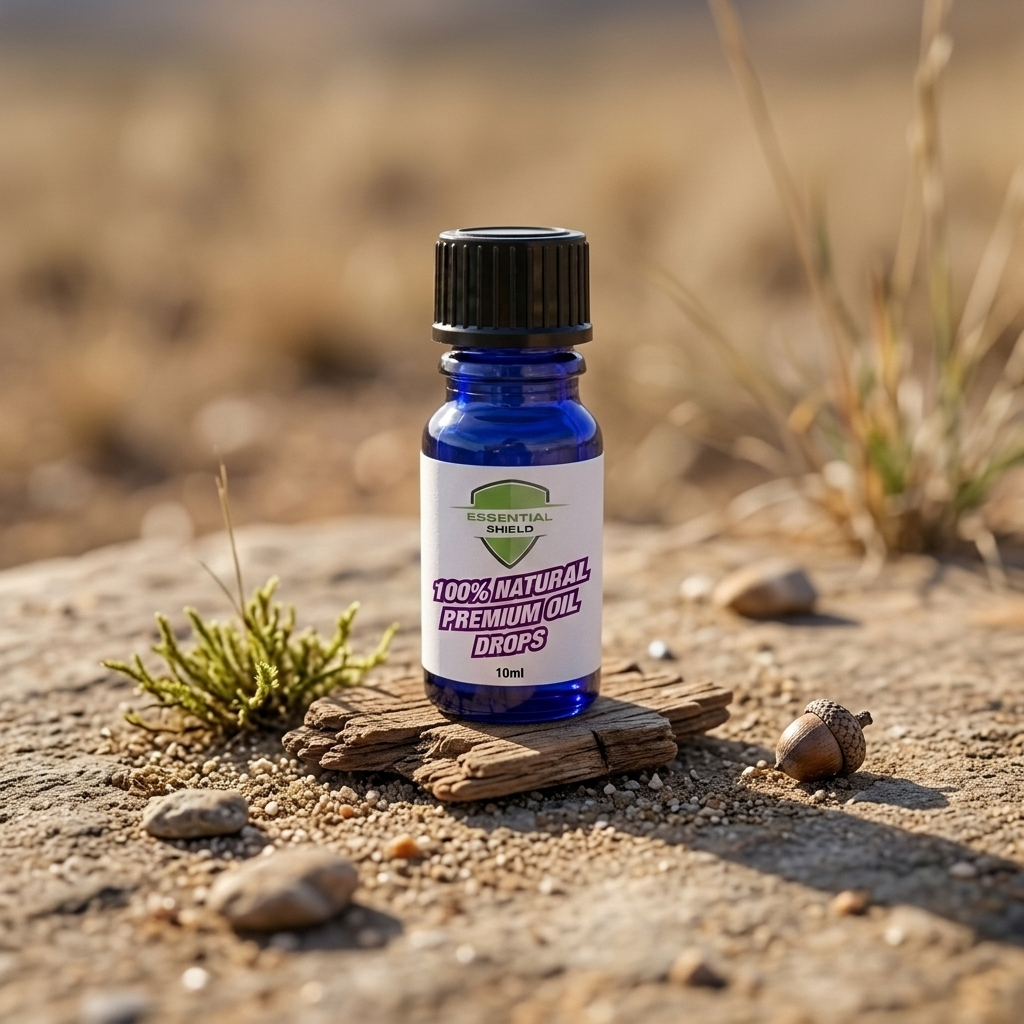 Blue essential oil bottle on sandy ground with small plants and rocks in the background