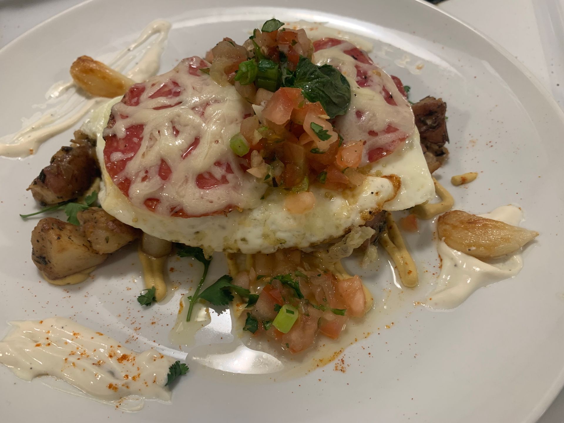 Plated gourmet dish with meat, mashed potatoes, sauce, and fresh herbs on a white plate