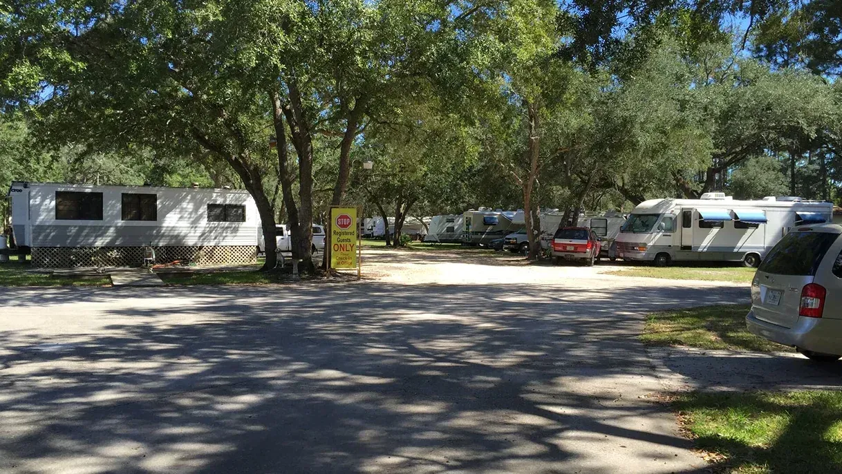 Shaded RV and trailer parking area with several parked vehicles under trees