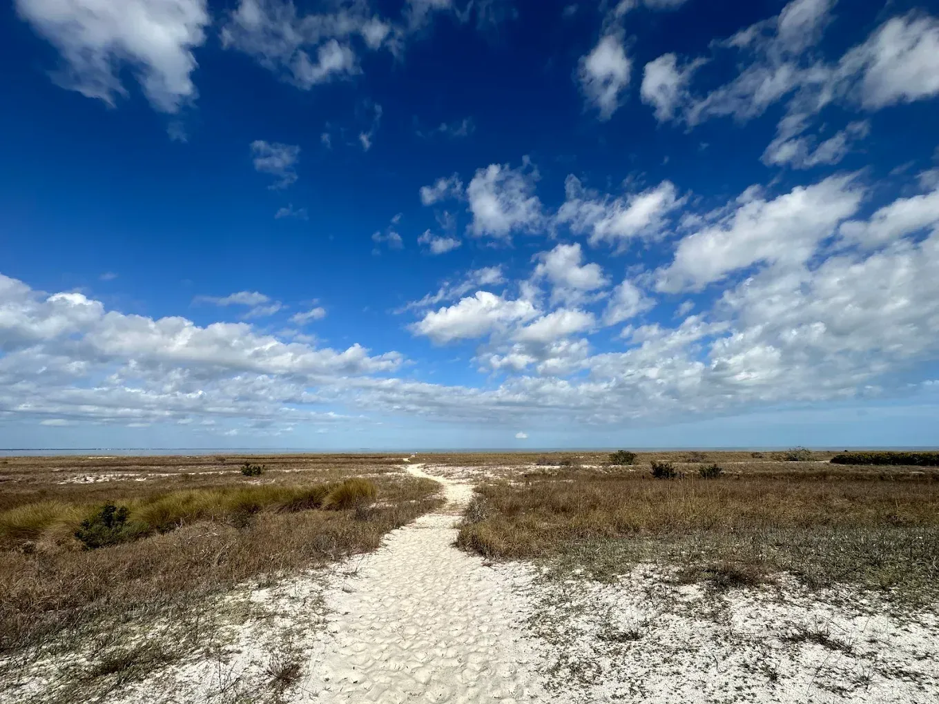 White sandy path through scrub leading to a distant beach under a bright blue, cloud-filled sky