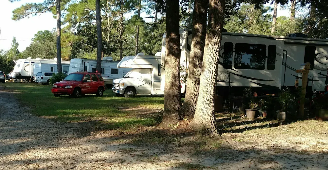 Camper park with RVs and a red car among trees on a sunny day