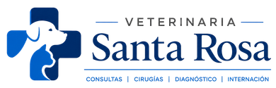 Logotipo de Veterinaria Santa Rosa en azul y blanco, con la silueta de una mascota y los servicios enumerados a continuación.