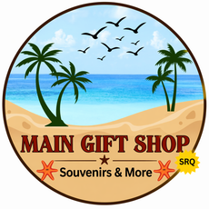 Beach scene with palm trees, birds, and gift shop logo. 