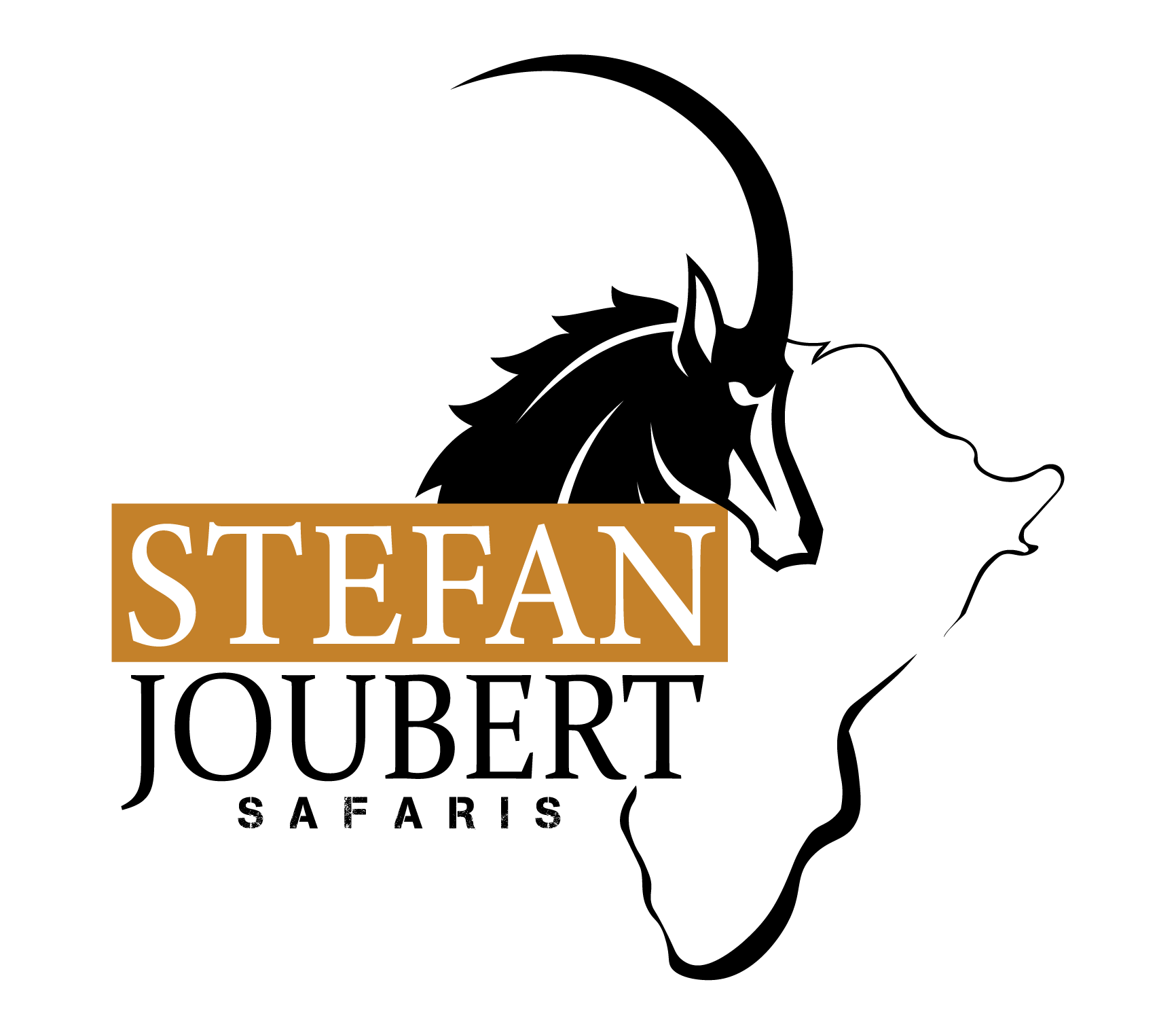 a logo for stefan joubert safaris with a goat 's head on a map .