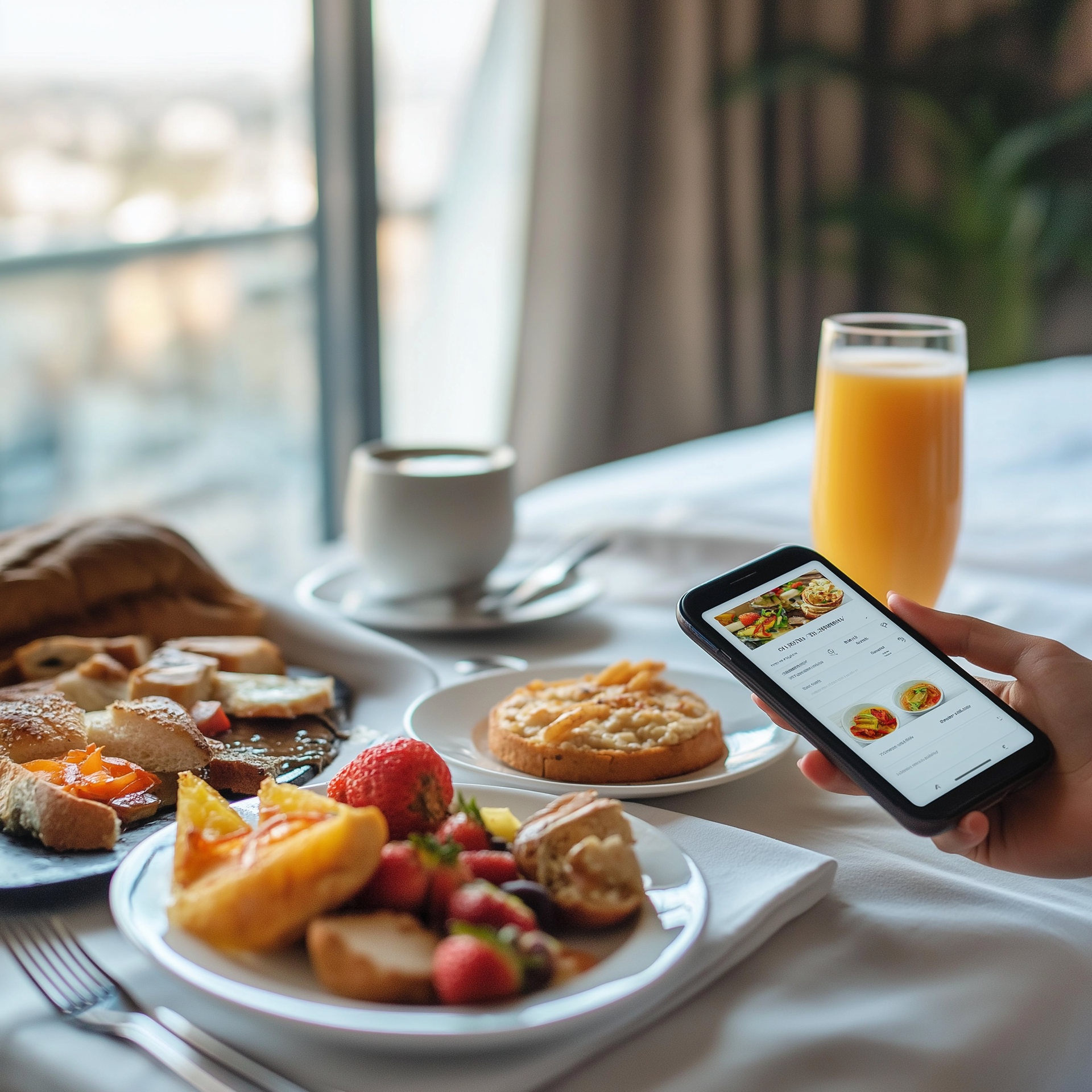 A person is holding a cell phone in front of a plate of food.