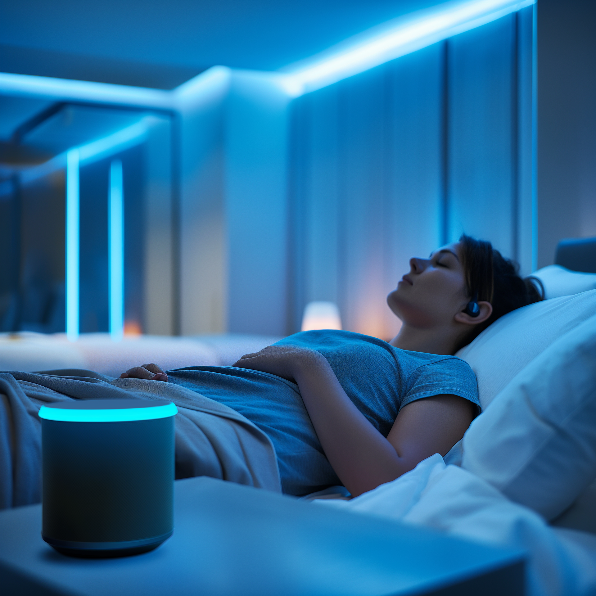 A woman is sleeping in a bed next to a speaker.