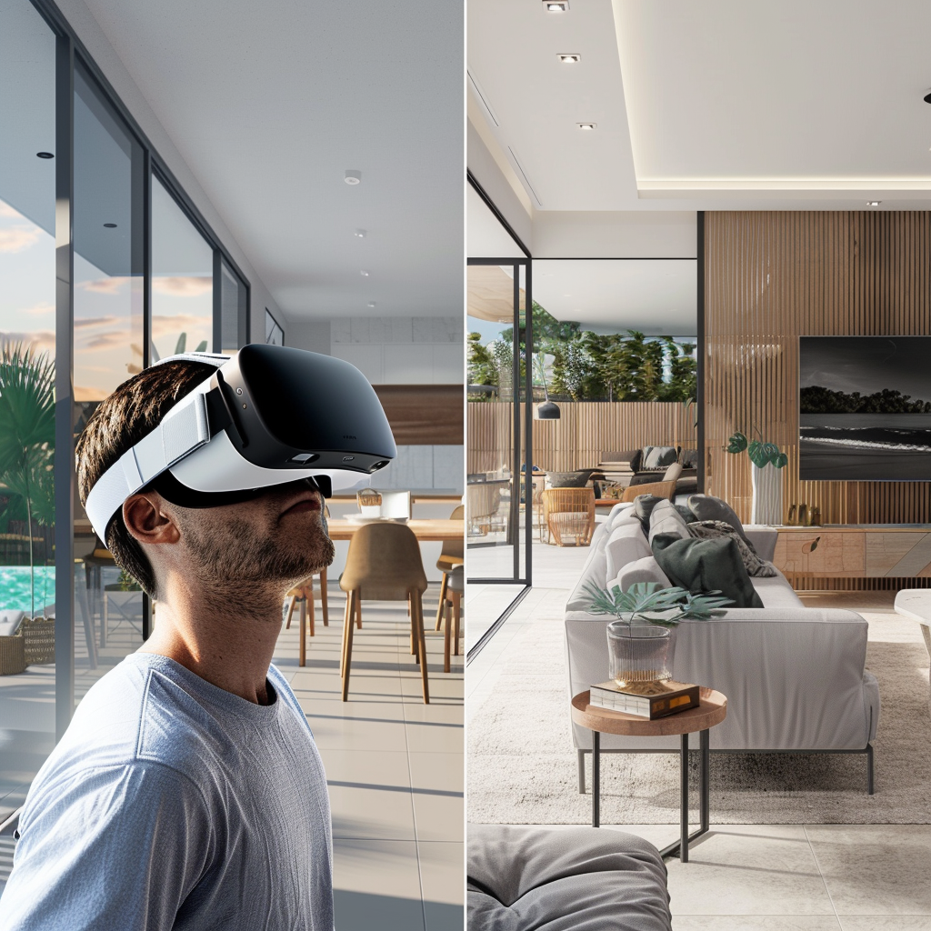 A man wearing a virtual reality headset in a living room