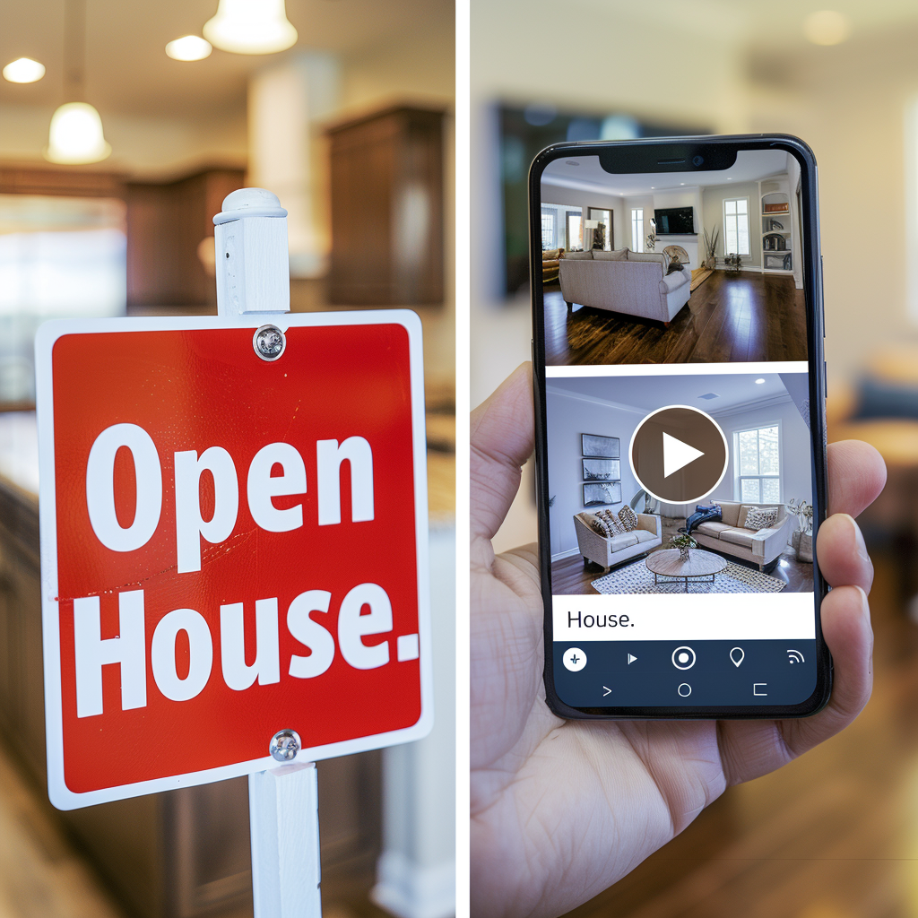 A person is holding a cell phone next to a sign that says open house