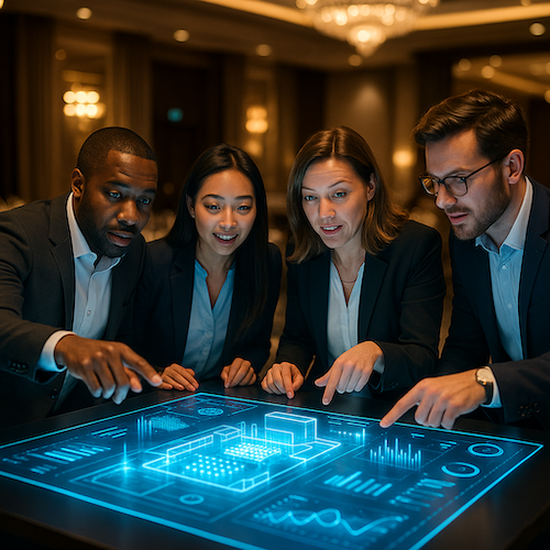 Four business people collaborate, pointing at a glowing, digital display in a dimly lit room.
