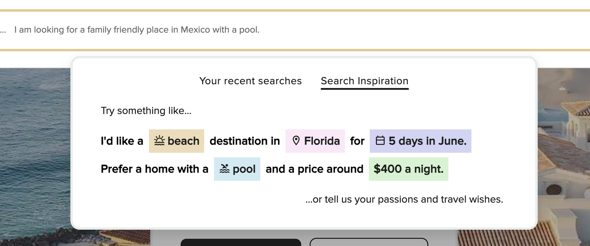 Pop-up search options. Includes filters like destination, number of guests, pool, and price range.