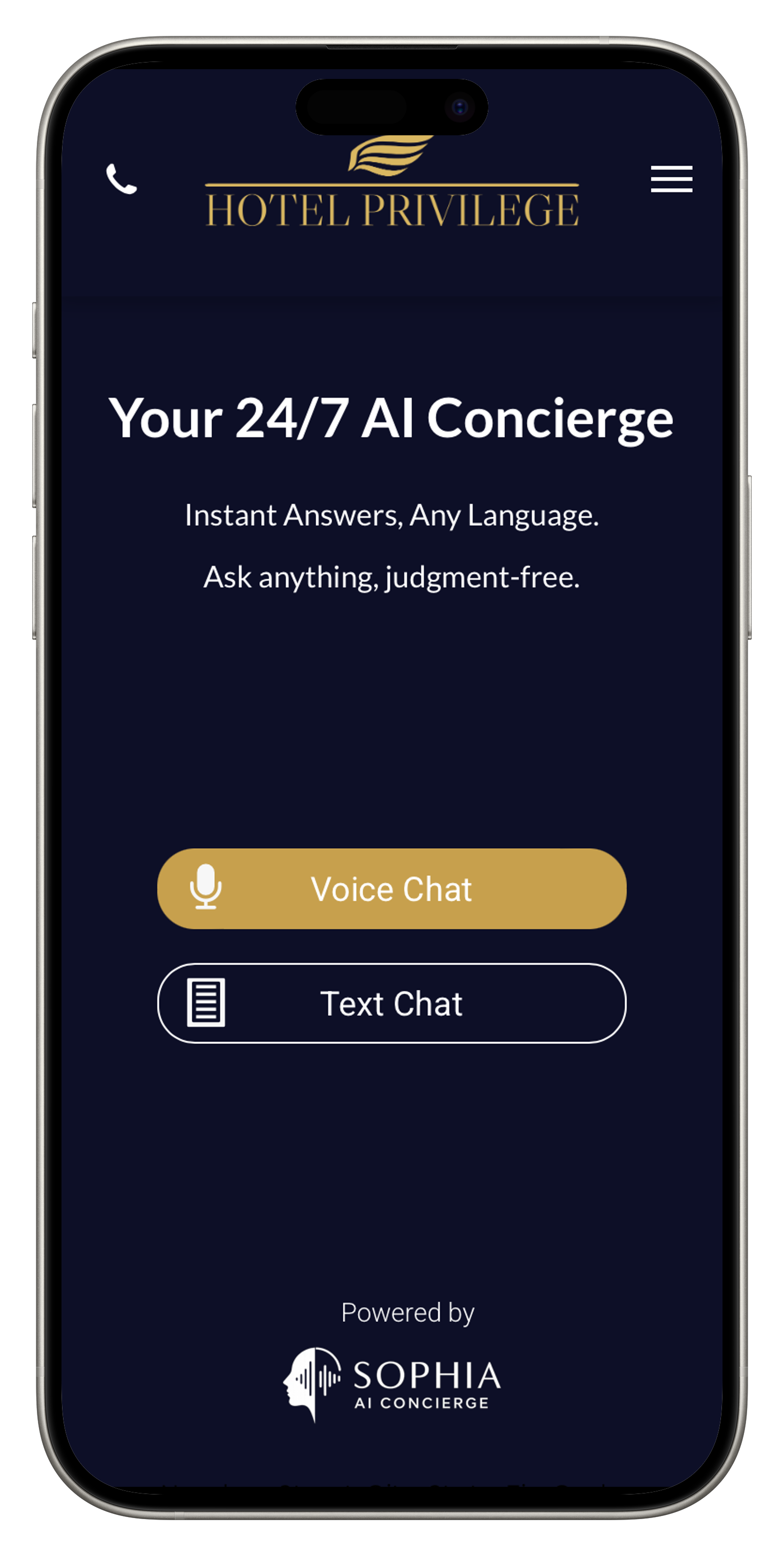 Mobile phone screen showcasing a 24/7 AI concierge app with voice and text chat options; navy blue background.