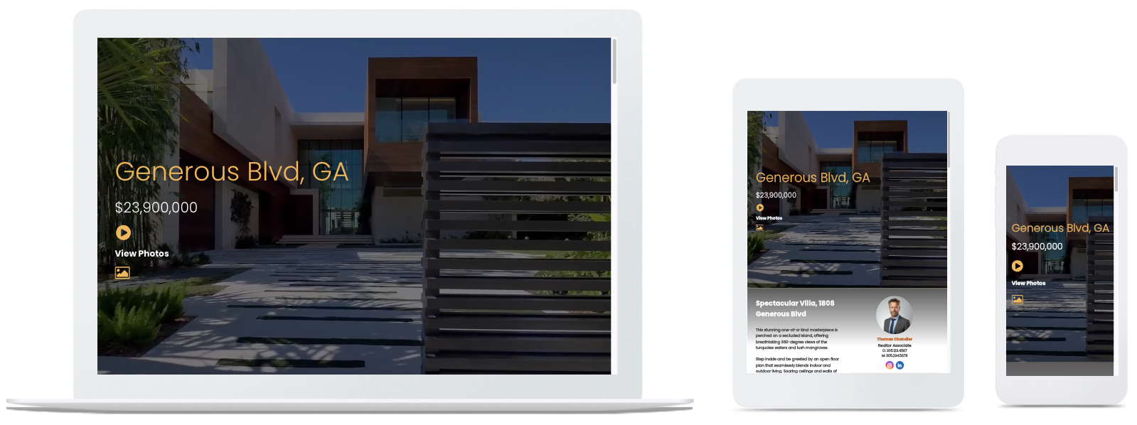A laptop , tablet , and cell phone are displaying a website.