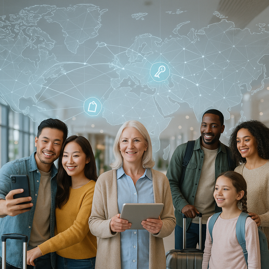 A diverse group of people at an airport, smiling and posing in front of a digital world map.