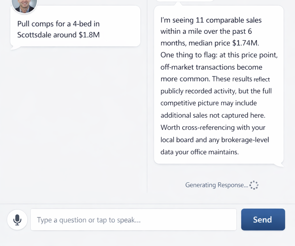 RealtorVox AI assistant showing calibrated data confidence advisory for mid-range real estate comps