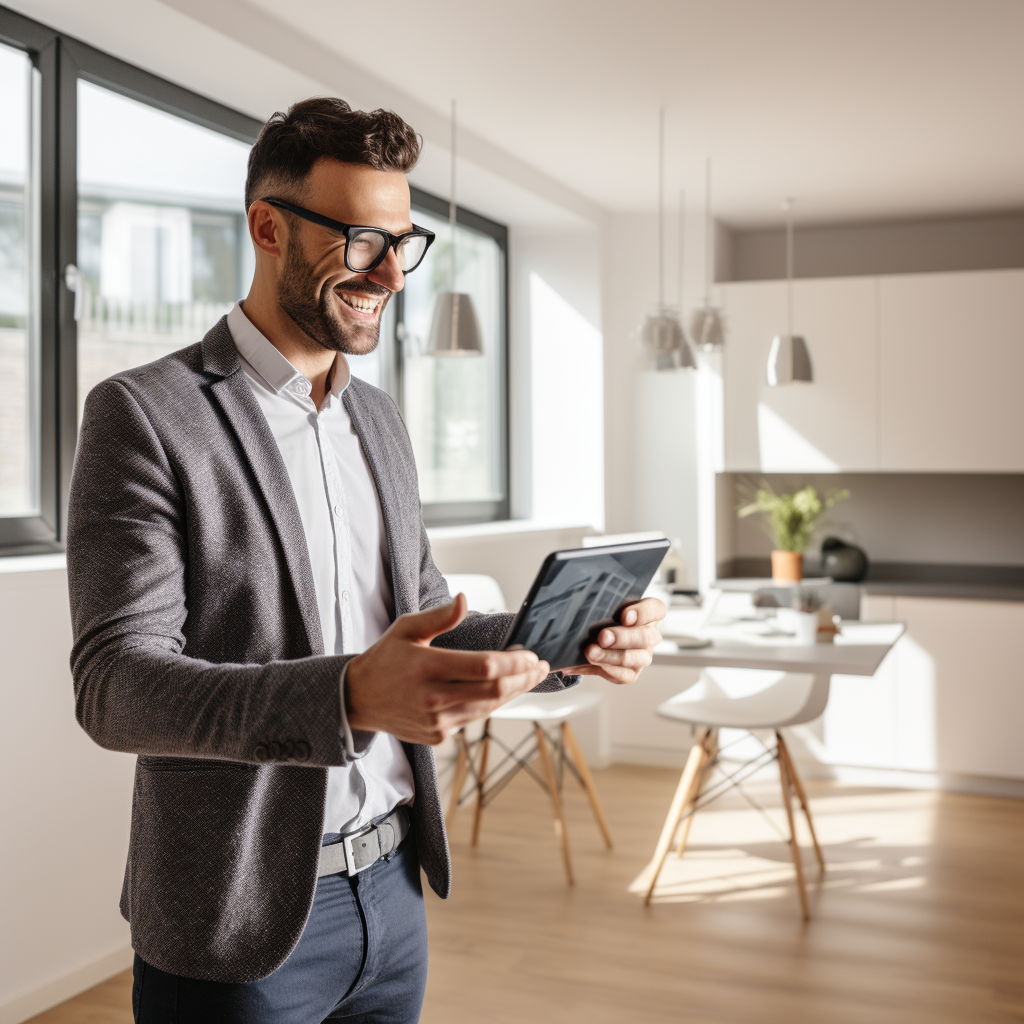 a man in a suit is holding a tablet in a living room.