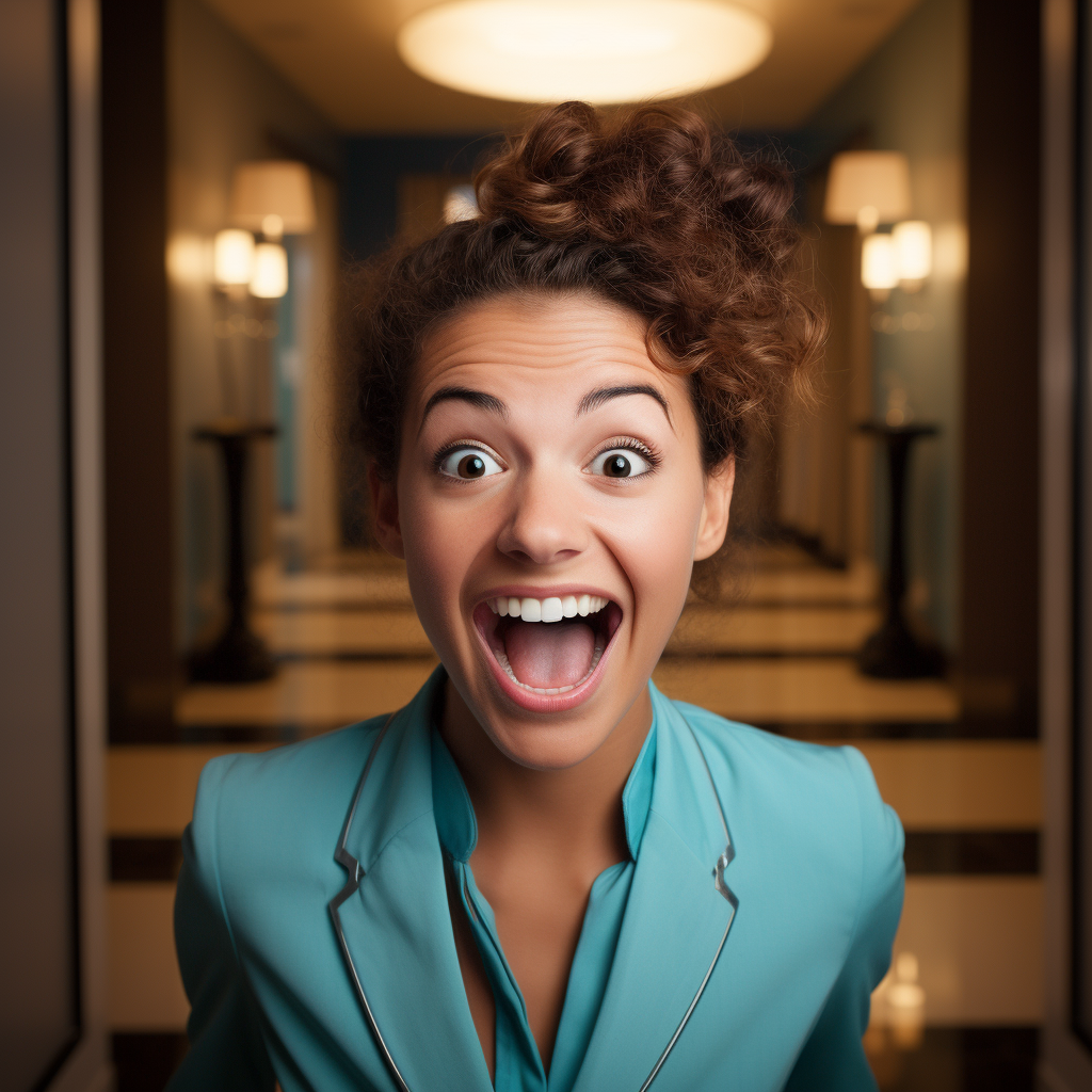 A woman in a blue suit is making a funny face