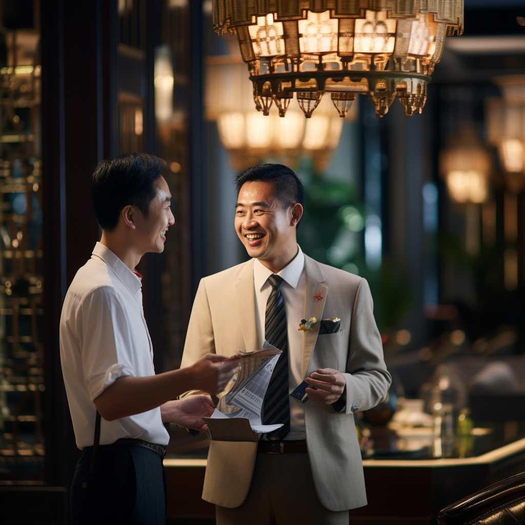 A man in a suit and tie is talking to another man in a restaurant.
