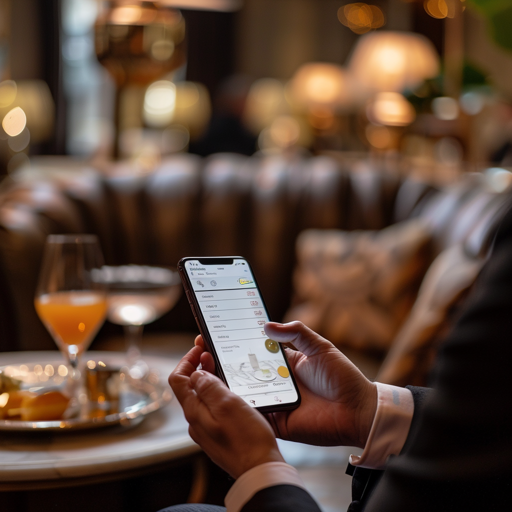 a man in a suit is holding a cell phone in his hands viewing a hotel F&B digital menu