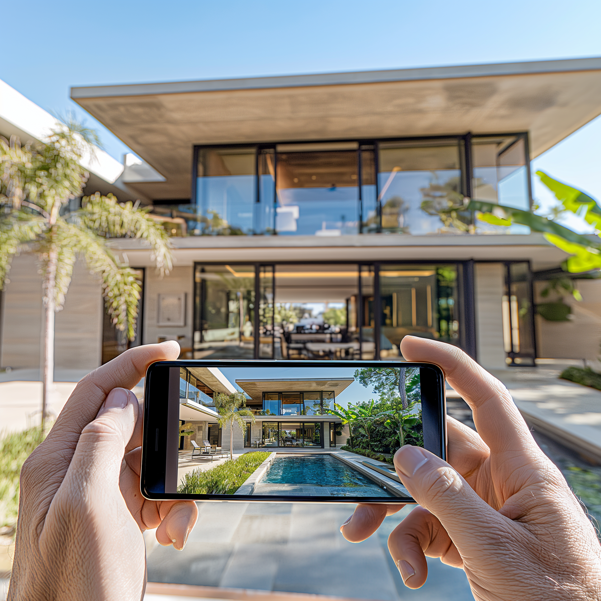 A person is taking a picture of a house with a pool