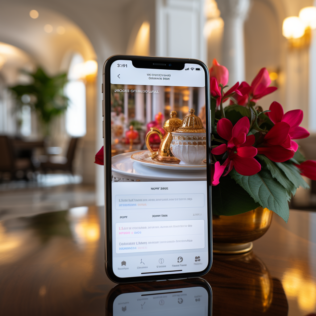 A cell phone is sitting on a table next to a vase of flowers.