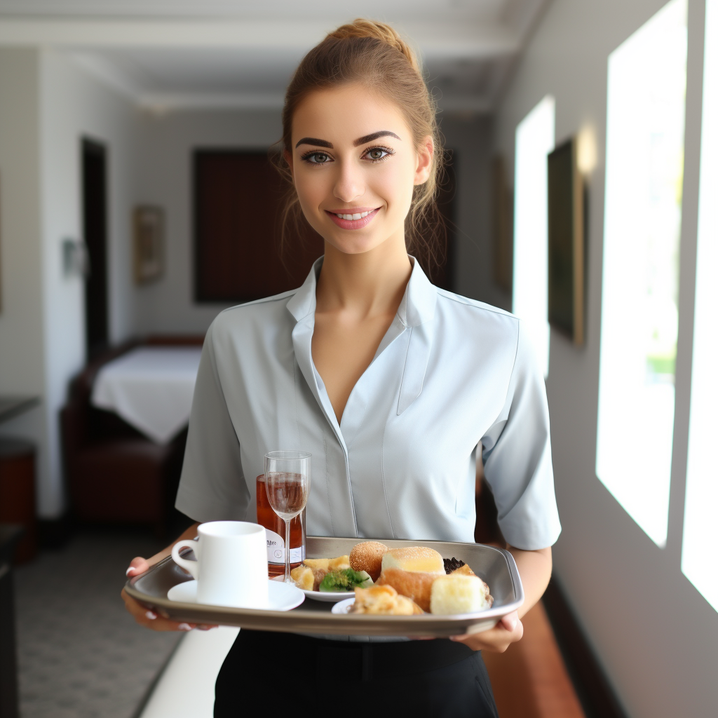 A woman is holding a tray of food and drinks