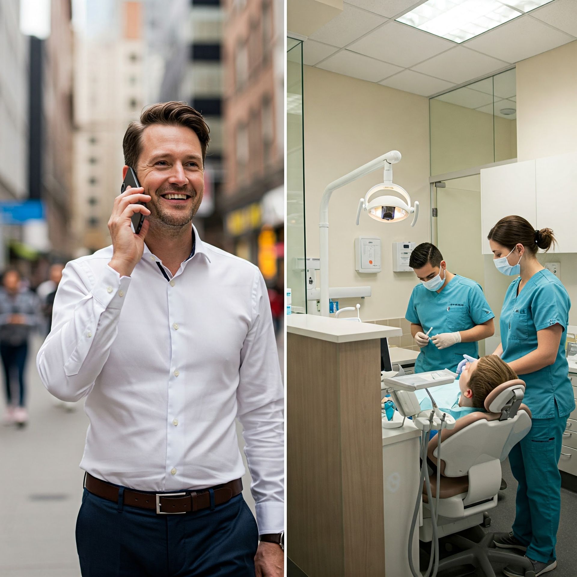 A man is smiling while talking on a cell phone
