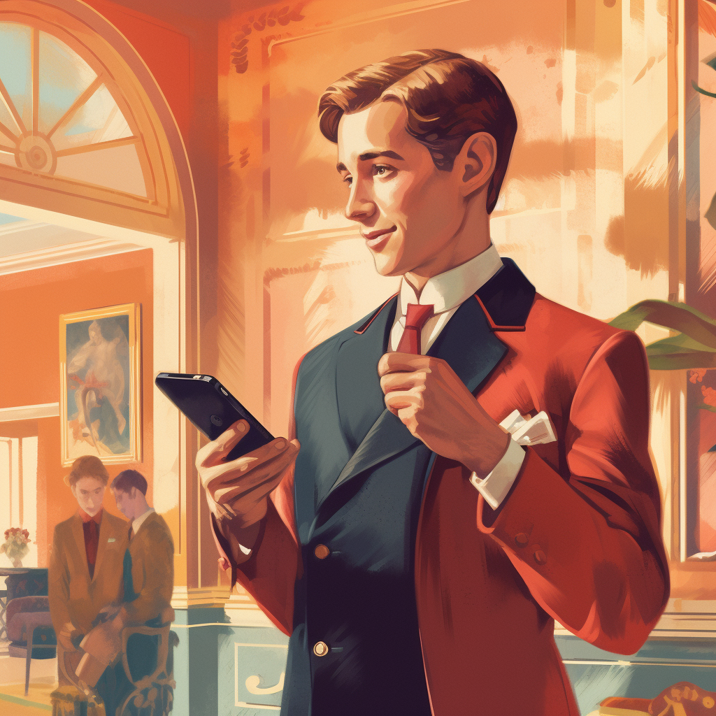 A man in a suit and tie is holding a cell phone
