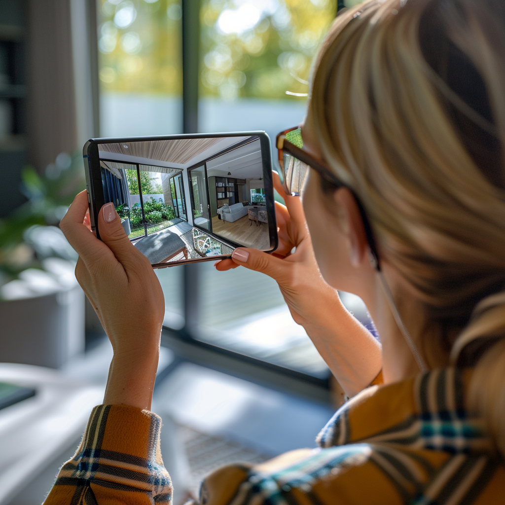 A woman is taking a picture of a house with her cell phone.