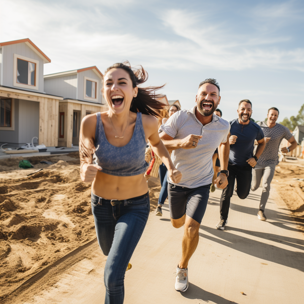 a group of people are running down a dirt road in a new construction site for new homes